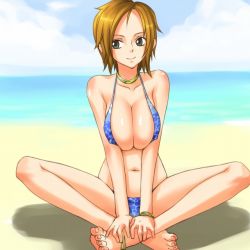 Rule 34 | 1girl, anklet, bangle, barefoot, beach, bikini, blue bikini, bracelet, breasts squeezed together, breasts, cleavage, covered erect nipples, crossed legs, day, feet, halterneck, hands on feet, huge breasts, indian style, jewelry, large breasts, mosha, nami (one piece), necklace, ocean, one piece, outdoors, short hair, sitting, solo, swimsuit, water