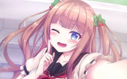 Rule 34 | .live, bassa, blush, brown hair, collarbone, finger to cheek, hair ornament, heart, heart-shaped pupils, kakyouin chieri, long hair, looking at viewer, one eye closed, open mouth, pov, solo, symbol-shaped pupils, virtual youtuber