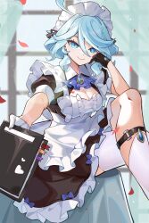 Rule 34 | 1girl, ahoge, alternate costume, apron, ascot, asymmetrical gloves, asymmetrical legwear, black dress, black gloves, blue ascot, blue eyes, blue hair, book, breasts, brooch, cleavage, commentary request, dress, enmaided, furina (genshin impact), genshin impact, gloves, highres, holding, holding book, indoors, jewelry, kkamikii, looking at viewer, maid, medium breasts, mismatched gloves, petticoat, puffy short sleeves, puffy sleeves, short hair, short sleeves, sitting, smile, solo, thighhighs, white apron, white gloves, white thighhighs