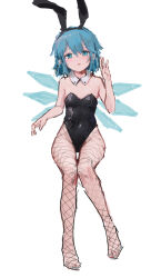 Rule 34 | 1girl, alternate costume, animal ears, blue eyes, blue hair, breasts, cirno, covered navel, fake animal ears, fishnets, full body, hand up, highres, ice, ice wings, leotard, nail polish, petite, rabbit ears, reddizen, simple background, small breasts, solo, strapless, strapless leotard, toenail polish, toenails, touhou, white background, wings