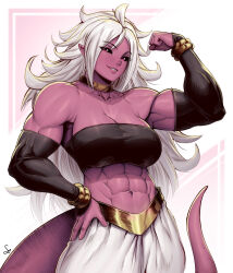 Rule 34 | 1girl, abs, absurdres, android 21, baggy pants, black sclera, bracelet, colored sclera, colored skin, double biceps pose, dragon ball, elbow sleeve, female focus, flexing, hand on own hip, highres, jewelry, long hair, majin android 21, muscular, muscular female, necklace, pants, pink skin, pointy ears, red eyes, sharp teeth, solo, speedl00ver, tail, teeth, white hair