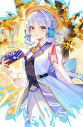 Rule 34 | 1girl, absurdres, ayaka (genshin impact), back bow, blue bow, blue dress, blue hair, blunt bangs, bow, brown hat, butterfly hair ornament, chen ying (alan-yut), chinese commentary, closed mouth, collar, commentary request, dress, flower, genshin impact, hair ornament, hair up, hand fan, hat, hat flower, hat ribbon, highres, holding, holding fan, kamisato ayaka, kamisato ayaka (springbloom missive), light blue hair, light blush, long sleeves, looking at viewer, mole, mole under eye, official alternate costume, official alternate hairstyle, puffy long sleeves, puffy sleeves, ribbon, smile, solo, white collar, white ribbon
