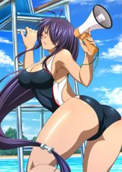 Rule 34 | 00s, 1girl, antenna hair, artist request, ass, blue eyes, blue sky, blush, breasts, cleavage, cloud, competition swimsuit, curvy, day, female focus, hair over one eye, ikkitousen, kan&#039;u unchou, large breasts, long hair, looking at viewer, looking back, low-tied long hair, megaphone, official art, one-piece swimsuit, purple hair, sky, smile, solo, standing, swimsuit, trading card, very long hair, waifu2x, wide hips