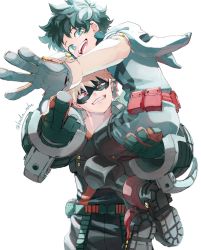 Rule 34 | 2boys, bakugou katsuki, belt, blonde hair, boku no hero academia, boots, carrying, carrying person, explosive, foreshortening, gloves, green eyes, green gloves, green hair, grenade, highres, hood, hood down, kada mha, crossed legs, looking at viewer, looking back, male focus, mask, middle finger, midoriya izuku, multiple boys, open mouth, pouch, red belt, red eyes, simple background, sitting, smile, spiked hair, twitter username, white background, white gloves, yaoi