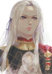 Rule 34 | 1girl, absurdres, black jacket, closed mouth, edelgard von hresvelg, fire emblem, fire emblem: three houses, forehead, hair ribbon, highres, jacket, long hair, looking away, misaki nonaka, nintendo, parted bangs, pink lips, purple eyes, purple ribbon, ribbon, simple background, solo, upper body, white background, white hair
