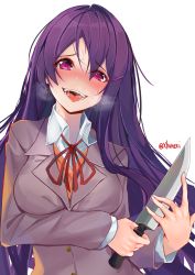 Rule 34 | 1girl, :d, blush, breath, commentary, doki doki literature club, english commentary, eyes visible through hair, fangs, hair between eyes, hair ornament, hairclip, heart, heart-shaped pupils, heavy breathing, highres, holding, holding knife, knife, long hair, looking at viewer, nose blush, open mouth, purple eyes, purple hair, saliva, school uniform, simple background, smile, solo, sweat, nervous sweating, symbol-shaped pupils, teeth, tongue, tongue out, twitter username, upper body, white background, xhunzei, yandere, yuri (doki doki literature club)