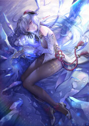 Rule 34 | 1girl, ahoge, artist name, bare shoulders, bell, black gloves, black pantyhose, blue hair, breasts, chinese knot, detached sleeves, flower knot, full body, ganyu (genshin impact), genshin impact, gloves, gold trim, hayanpool, high heels, highres, horns, ice shard, long hair, looking at viewer, lying, medium breasts, neck bell, on side, orb, pantyhose, purple eyes, qilin (mythology), sidelocks, smile, solo, tassel, thighlet, vision (genshin impact), waist cape, white sleeves