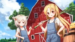 Rule 34 | 2girls, :d, ahoge, alternate costume, ame., animal ears, azur lane, barn, barrel, bird, blonde hair, blue sky, blush, building, carrot hair ornament, cleveland (azur lane), cloud, cloudy sky, commentary request, day, dutch angle, farmer, fingernails, food-themed hair ornament, hair between eyes, hair ornament, hand on own hip, hand up, holding, holding pitchfork, long hair, montpelier (azur lane), multiple girls, one side up, open mouth, outdoors, over shoulder, overalls, parted lips, pitchfork, red eyes, round teeth, shirt, silver hair, sky, smile, teeth, tree, upper teeth only, v-shaped eyebrows, very long hair, white shirt, window