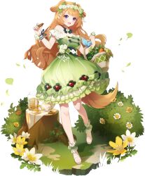 Rule 34 | 1girl, :3, animal ears, bare arms, bare legs, bare shoulders, basket, breasts, bush, clara (eversoul), cookie, cup, dog ears, dog girl, dog tail, dress, eversoul, falling leaves, flower, food, full body, game cg, green dress, green flower, highres, holding, holding basket, holding food, leaf, light blush, long hair, medium breasts, neck ribbon, non-web source, off shoulder, official alternate costume, official alternate hairstyle, official art, open mouth, orange hair, outdoors, purple eyes, ribbon, sandals, sidelocks, sleeveless, solo, standing, tachi-e, tail, tea, teacup, transparent background, tree stump, vegetable, white flower, white footwear, yellow flower