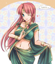 Rule 34 | 1girl, ;d, alternate costume, bow, bracelet, braid, circlet, earrings, hair bow, hong meiling, indian clothes, jewelry, long hair, looking at viewer, lots of jewelry, midriff, monety, navel, navel piercing, necklace, no headwear, one eye closed, open mouth, piercing, red hair, smile, solo, touhou, twin braids, wink