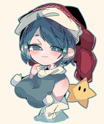 Rule 34 | 1girl, blue eyes, blue hair, breasts, doremy sweet, hat, highres, mario (series), medium breasts, nightcap, nintendo, one-hour drawing challenge, pom pom (clothes), super star (mario), r.h no.1 fuyumomo, short hair, simple background, smile, smug, solo, super star (mario), touhou, white background