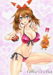 Rule 34 | 10s, 1girl, artist name, bikini, blue eyes, blush, breasts, brown hair, cleavage, covered erect nipples, creatures (company), crotch, female focus, full body, game freak, gen 3 pokemon, hair between eyes, hair ornament, hairband, kneeling, large breasts, looking at viewer, marker (medium), may (pokemon), may (pokemon oras), navel, nintendo, open mouth, poke ball, pokemon, pokemon (creature), pokemon oras, purple bikini, short hair, side-tie bikini bottom, solo, squatting, surprised, swimsuit, takecha, torchic, traditional media