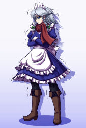 Rule 34 | &gt;:(, 1girl, apron, blue dress, blue eyes, boots, bow, braid, brown footwear, crossed arms, curiosities of lotus asia, dress, frilled dress, frills, frown, full body, green bow, hair bow, izayoi sakuya, juliet sleeves, knee boots, long sleeves, looking at viewer, maid headdress, mazume, pantyhose, profile, puffy short sleeves, puffy sleeves, short sleeves, silver hair, solo, touhou, trembling, tsurime, twin braids, v-shaped eyebrows, waist apron