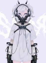 Rule 34 | 1girl, absurdres, asymmetrical bangs, blue eyes, english text, gas mask, headpiece, highres, machinery, mask, mazamuno, neck brace, original, ringed eyes, science fiction, screw, shirt, short hair, simple background, tag, teardrop, twintails, white hair, white shirt, wire