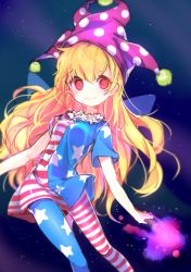 Rule 34 | 1girl, american flag dress, american flag legwear, american flag shirt, asymmetrical legwear, clownpiece, fairy wings, gradient background, grin, hat, jester cap, long hair, mismatched legwear, name (oiuio), pantyhose, red eyes, skirt, smile, solo, touhou, wand, wings