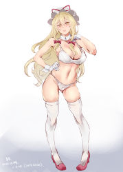 Rule 34 | 1girl, blonde hair, blush, bow, bra, breasts, cleavage, collarbone, detached collar, fat mons, full body, gloves, gluteal fold, gradient background, grey background, hair between eyes, hair bow, hand in own hair, hand on own hip, hat, hat ribbon, head tilt, high heels, highres, hip focus, large breasts, lips, looking at viewer, mob cap, navel, nyuu (manekin-eko), panties, parted lips, red footwear, ribbon, shiny skin, shoes, sidelocks, solo, stomach, thigh gap, thighhighs, thighs, touhou, underwear, underwear only, white background, white bra, white gloves, white panties, white thighhighs, yakumo yukari, yellow eyes