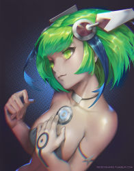 Rule 34 | 10s, 1girl, android, bare shoulders, black light, blue hair, chromatic aberration, closed mouth, collarbone, crop top, dimension w, eyebrows, glowing, green eyes, green hair, hand on own chest, headgear, matching hair/eyes, multicolored hair, short hair, solo, streaked hair, tattoo, two-tone hair, upper body, watermark, web address, yurizaki mira