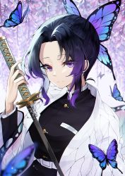 Rule 34 | 1girl, absurdres, ankkoyom, bad id, bad pixiv id, belt, black hair, breasts, bug, butterfly, butterfly hair ornament, commentary request, gradient hair, hair ornament, haori, highres, holding, insect, japanese clothes, katana, kimetsu no yaiba, kochou shinobu, long sleeves, looking at viewer, multicolored hair, parted bangs, purple eyes, purple hair, short hair, smile, solo, sword, weapon