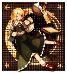 Rule 34 | 1girl, basket, cookie, cup, female focus, food, full body, gradient background, highres, one eye closed, plaid, plaid background, rumia, smile, solo, spark621, star (symbol), table, teacup, touhou, wink
