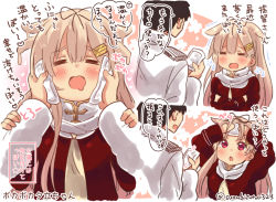 Rule 34 | 1boy, 1girl, admiral (kancolle), alternate costume, black ribbon, blonde hair, blush, cardigan, commentary request, hair flaps, hair ornament, hairclip, kantai collection, long hair, long sleeves, military, military uniform, naval uniform, open mouth, red eyes, revision, ribbon, scarf, speech bubble, suzuki toto, translated, twitter username, uniform, white scarf, yuudachi (kancolle)