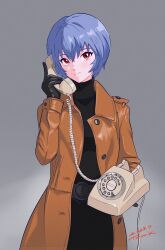 Rule 34 | 1girl, absurdres, antique phone, artist name, ayanami rei, belt, belt buckle, black belt, black gloves, black pants, black sweater, blue hair, blush, brown jacket, buckle, cable, closed mouth, coat, commentary, corded phone, cosplay, cowboy shot, dated, evangelion: 3.0+1.0 thrice upon a time, gloves, grey background, hair between eyes, highres, holding, holding phone, jacket, kamen rider, leather, leather jacket, light blush, light smile, long sleeves, looking at viewer, midorikawa ruriko (cosplay), midorikawa ruriko (shin kamen rider), neon genesis evangelion, open clothes, open jacket, pants, phone, rebuild of evangelion, red eyes, rotary phone, shin kamen rider, short hair, signature, simple background, smile, solo, standing, sweater, talking on phone, trench coat, tsunemoku, turtleneck, turtleneck sweater