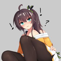 Rule 34 | 1girl, absurdres, ahoge, aqua eyes, asymmetrical hair, bad id, bad pixiv id, black camisole, blush, brown hair, camisole, cat hair ornament, collarbone, hair between eyes, hair ornament, highres, hololive, jacket, long hair, looking at viewer, natsuiro matsuri, natsuiro matsuri (1st costume), orange jacket, pantyhose, ponytail, pugpuggy, ribbon, self-upload, side ponytail, simple background, skirt, solo, thighs, virtual youtuber, white skirt