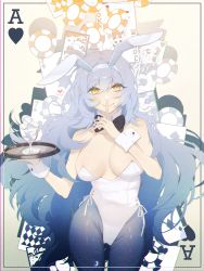 Rule 34 | 1girl, animal ears, bare shoulders, black bow, black bowtie, blue hair, blue pantyhose, bow, bowtie, breasts, card, chips (food), closed mouth, collarbone, commission, fake animal ears, feet out of frame, finger to mouth, food, girls&#039; frontline, hair between eyes, highres, holding, holding tray, large breasts, leotard, light blue hair, long hair, looking at viewer, official alternate costume, pantyhose, pixiv commission, playboy bunny, poker chip, rabb horn, rabbit ears, smile, solo, standing, tar-21 (girls&#039; frontline), tar-21 (night at the bar) (girls&#039; frontline), tray, yellow eyes