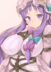 Rule 34 | 1girl, bow, breasts, chikado, covered erect nipples, crescent, crescent hat ornament, dress, hair bow, hat, hat ornament, highres, large breasts, long hair, looking at viewer, mob cap, patchouli knowledge, pink background, pink dress, pink hat, purple eyes, purple hair, rope, shibari, shibari over clothes, sidelocks, simple background, solo, striped clothes, striped dress, sweat, touhou, upper body