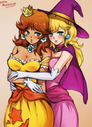 Rule 34 | 2020, 2girls, alternate costume, artist name, bare shoulders, behind another, blonde hair, blue eyes, blush, breasts, brooch, brown hair, cape, cleavage, costume, cowboy shot, crown, dated, dress, earrings, elbow gloves, female focus, flower earrings, gloves, halloween, halloween costume, hat, hug, jewelry, light blush, light smile, lips, long hair, looking at another, looking at viewer, mario (series), mario kart, mario kart tour, medium breasts, mina cream, multiple girls, nintendo, parted lips, pink dress, princess daisy, princess peach, princess peach (halloween), super mario land, tan, white gloves, witch hat, yellow dress, yuri