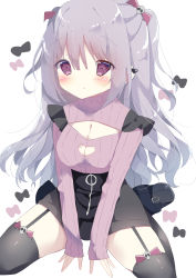 Rule 34 | 1girl, black footwear, black skirt, black thighhighs, blush, breasts, brown eyes, cleavage, cleavage cutout, closed mouth, clothing cutout, commentary request, garter straps, grey hair, hair between eyes, hair ornament, hamada pengin, heart cutout, highres, long hair, looking at viewer, medium breasts, original, pink sweater, ribbed sweater, shoes, simple background, sitting, skirt, skull hair ornament, solo, sweater, thighhighs, turtleneck, turtleneck sweater, two side up, very long hair, wariza, white background