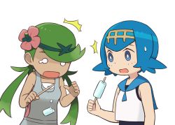 Rule 34 | 2girls, ^^^, bare arms, blouse, blue eyes, blue hair, blue sailor collar, bright pupils, commentary, creatures (company), dark-skinned female, dark skin, dropping, flower, food, game freak, green hair, grey overalls, hair flower, hair ornament, hairband, hands up, holding, holding stick, lana (pokemon), long hair, looking down, mallow (pokemon), multiple girls, nintendo, no sclera, o o, open mouth, overalls, pink flower, pink shirt, pokemon, pokemon sm, popsicle, sailor collar, shirt, simple background, sleeveless, sleeveless shirt, squid neetommy, stick, sweatdrop, swept bangs, tearing up, twintails, upper body, white background, white pupils, white shirt, yellow hairband