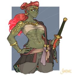 Rule 34 | 1girl, abs, asymmetrical hair, baggy pants, breasts, colored skin, earrings, fiery hair, ganondorf, genderswap, green skin, holding, holding sword, holding weapon, jewelry, katana, large breasts, long hair, muscular, muscular female, necklace, nintendo, nose piercing, nose ring, pants, piercing, pointy ears, red hair, ring, sarashi, shardanic, shaved head, sidecut, solo, sword, the legend of zelda, the legend of zelda: tears of the kingdom, toned, underboob, undercut, weapon, yellow eyes