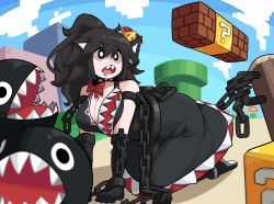 Rule 34 | 1girl, ? block, absurdres, animal ears, black dress, black eyes, black footwear, black gloves, black hair, bow, breasts, brick block, bright pupils, chain chomp, cleavage, collar, collarbone, cuffs, dog ears, dog girl, dress, elbow gloves, fire flower, gloves, highres, industrial pipe, large breasts, long hair, looking away, mario (series), min lona, new super mario bros. u deluxe, nintendo, open mouth, personification, ponytail, red bow, shackles, sharp teeth, solo, spiked collar, spikes, super crown, teeth, upper teeth only, warp pipe, white pupils