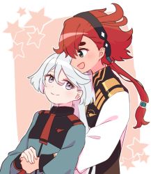 Rule 34 | 2girls, ahoge, couple, grey eyes, grey hair, gundam, gundam suisei no majo, hairband, holding hands, hug, hug from behind, khrium, long hair, looking at another, military, military uniform, miorine rembran, multiple girls, open mouth, ponytail, red hair, simple background, smile, suletta mercury, uniform, upper body, yuri