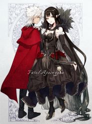 Rule 34 | 1boy, 1girl, absurdly long hair, amakusa shirou (fate), bare shoulders, black dress, black hair, boots, breasts, bridal gauntlets, cape, cleavage, copyright name, dark skin, dark-skinned male, dress, earrings, elbow gloves, fate/apocrypha, fate (series), fur trim, gloves, hand on another&#039;s shoulder, high heel boots, high heels, highres, jewelry, large breasts, long hair, looking at viewer, pointy ears, semiramis (fate), smile, strsouko, very long hair, white hair, yellow eyes