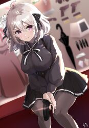 Rule 34 | 1girl, absurdres, ahoge, black dress, black ribbon, blurry, blurry background, breasts, buttons, closed mouth, dress, dutch angle, dx (xxer4838), eyelashes, feet out of frame, flower, grey hair, grey shirt, gun, hair between eyes, hair flower, hair ornament, hair ribbon, handgun, highres, holding, holding gun, holding weapon, large breasts, light blush, lily (spy kyoushitsu), long sleeves, looking at viewer, medium hair, neck ribbon, own hands together, pink eyes, pistol, pleated dress, puffy long sleeves, puffy sleeves, ribbon, shirt, short dress, sidelighting, sitting, smile, solo, spy kyoushitsu, striped ribbon, swept bangs, two-tone ribbon, wavy hair, weapon, white flower, wide hips