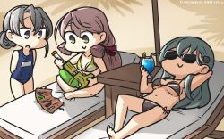 Rule 34 | 3girls, akashi (kancolle), beach, bikini, chair, commentary, cup, dated, day, drink, drinking glass, green hair, hamu koutarou, highres, holding, holding cup, holding drinking glass, kantai collection, long hair, lying, multiple girls, nowaki (kancolle), on back, one-piece swimsuit, open mouth, pink hair, school swimsuit, silver hair, sitting, smile, sunglasses, suzuya (kancolle), swimsuit, tools, water gun