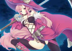 Rule 34 | 1girl, bare shoulders, belt, black thighhighs, blush, boots, breasts, choker, cleavage, corset, detached sleeves, earrings, female focus, gloves, hat, heterochromia, jewelry, large breasts, long hair, looking at viewer, low-tied long hair, luminous arc, midriff, navel, night, outdoors, panties, pink eyes, pink hair, pointy ears, purple eyes, red eyes, ring, scythe, solo, star (symbol), tattoo, thighhighs, underwear, vanessa (luminous arc), very long hair, weapon, witch, witch hat, yamucha