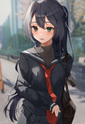 Rule 34 | 1girl, absurdres, awaki224, bag, black hair, black sailor collar, black shirt, black skirt, blurry, blurry background, blush, bodysuit, breasts, commentary request, fang, glasses, green eyes, hair ribbon, heterochromia, highres, long hair, looking at viewer, medium breasts, necktie, open mouth, original, outdoors, pleated skirt, ponytail, red necktie, ribbon, road, sailor collar, school bag, school uniform, school yard, shirt, skin fang, skirt, smile, solo, street, white ribbon, yellow eyes