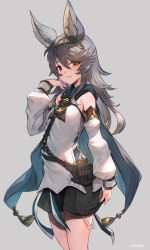 Rule 34 | 1girl, animal ears, armpit crease, arpeggio kaga, belt, black shorts, breasts, brown eyes, cantate (granblue fantasy), cape, detached sleeves, feet out of frame, granblue fantasy, grey background, grin, hair between eyes, hairband, hand up, highres, long hair, looking at viewer, shirt, shorts, sign, simple background, sleeveless, sleeveless shirt, small breasts, smile, solo, standing, tassel, white shirt