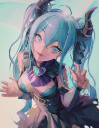 Rule 34 | 1girl, absurdres, ahoge, bag, black dress, black ribbon, blue background, blue eyes, blue hair, blue ribbon, breasts, cleavage, detached sleeves, dress, fang, floating hair, grey sleeves, hair between eyes, hair ribbon, hatsune miku, highres, horns, leaning forward, long hair, long sleeves, looking at viewer, medium breasts, multicolored ribbon, open mouth, reverse outfit, ribbon, sanwu qijiu, sleeveless, sleeveless dress, smile, solo, twintails, upper body, very long hair, vocaloid