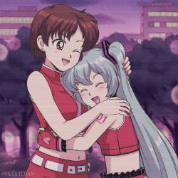 Rule 34 | 2girls, anime coloring, aqua hair, arms around waist, bare shoulders, belt, blush, brown eyes, brown hair, city, closed eyes, commentary, crop top, earrings, english commentary, film grain, fingerless gloves, frilled skirt, frills, gloves, hand on another&#039;s head, hand on another&#039;s shoulder, hatsune miku, head on chest, heart, heart print, hug, jewelry, lipstick, long hair, makeup, meiko (vocaloid), midriff, multiple girls, mutual hug, nail polish, navel, nieceychan, one eye closed, open mouth, outdoors, red gloves, red nails, red shirt, red skirt, retro artstyle, scanlines, shirt, short hair, shoulder tattoo, skirt, sleeveless, sleeveless shirt, smile, tattoo, tree, twilight, twintails, upper body, very long hair, vocaloid, zipper
