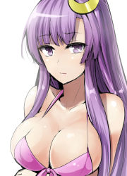 Rule 34 | 1girl, alternate costume, bikini, breasts, cleavage, closed mouth, collarbone, commentary request, crescent, crescent hair ornament, hair ornament, highres, large breasts, long hair, looking at viewer, patchouli knowledge, pink bikini, purple eyes, purple hair, sidelocks, solo, swimsuit, touhou, upper body, white background, y2