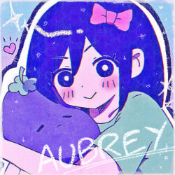 Rule 34 | 1girl, aqua background, aqua shirt, aubrey (headspace) (omori), aubrey (omori), blush, bow, bright pupils, character name, child, chromatic aberration, closed mouth, collarbone, gradient background, hair between eyes, hair bow, heart, holding, holding stuffed toy, long hair, looking at viewer, mr. plantegg (omori), omori, outline, pink background, pink bow, purple eyes, purple hair, shirt, short sleeves, smile, solo, sparkle, stuffed eggplant, stuffed toy, upper body, v-shaped eyebrows, white outline, white pupils, yama (toaru puyopuyo)