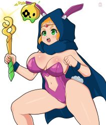 Rule 34 | 1girl, blonde hair, blue eyes, breasts, cape, cleavage, green eyes, grin, highres, hood, hood up, legs, magic, navel, nintendo, princess zelda, rabbit ears, rabbit tail, smile, staff, the legend of zelda, the legend of zelda: echoes of wisdom, thighs, tiara, tri (zelda)