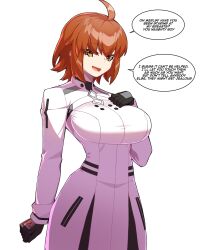 Rule 34 | 1girl, absurdres, ahoge, black gloves, breasts, chaldea logo, command spell, english text, fate/grand order, fate (series), fujimaru ritsuka (female), fujimaru ritsuka (female) (decisive battle chaldea uniform), gloves, hand on own chest, highres, hyperbudd, large breasts, looking at viewer, open mouth, orange eyes, orange hair, solo, speech bubble