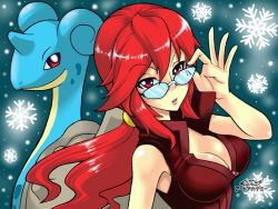 Rule 34 | 1girl, adjusting eyewear, armpits, bare arms, bare shoulders, breasts, cleavage, creatures (company), elite four, game freak, gen 1 pokemon, glasses, lapras, large breasts, lips, long hair, lorelei (pokemon), nintendo, pokemon, pokemon (creature), pokemon frlg, ponytail, red eyes, red hair, sleeveless, snow, snowflakes, tagme