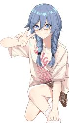 Rule 34 | 1girl, absurdres, blue eyes, blue hair, blush, braid, brown skirt, closed mouth, commentary, feet out of frame, fu hua, glasses, hair between eyes, hand up, highres, hinoa (hinoa1113), honkai (series), honkai impact 3rd, kneeling, long bangs, looking at viewer, on one knee, plaid, plaid skirt, short sleeves, simple background, skirt, solo, twin braids, v, white background, white legwear