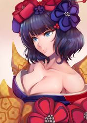 Rule 34 | 1girl, absurdres, alternate breast size, blue eyes, breasts, caiman pool, cleavage, fate/grand order, fate (series), hair ornament, hairpin, highres, japanese clothes, katsushika hokusai (fate), kimono, large breasts, off shoulder, purple hair, solo