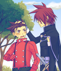 Rule 34 | 00s, 2boys, age difference, akagi haruna, blush, brown eyes, brown hair, father and son, hand in own hair, kratos aurion, lloyd irving, lowres, multiple boys, red eyes, red hair, short hair, smile, spiked hair, sword, tales of (series), tales of symphonia, tree, weapon